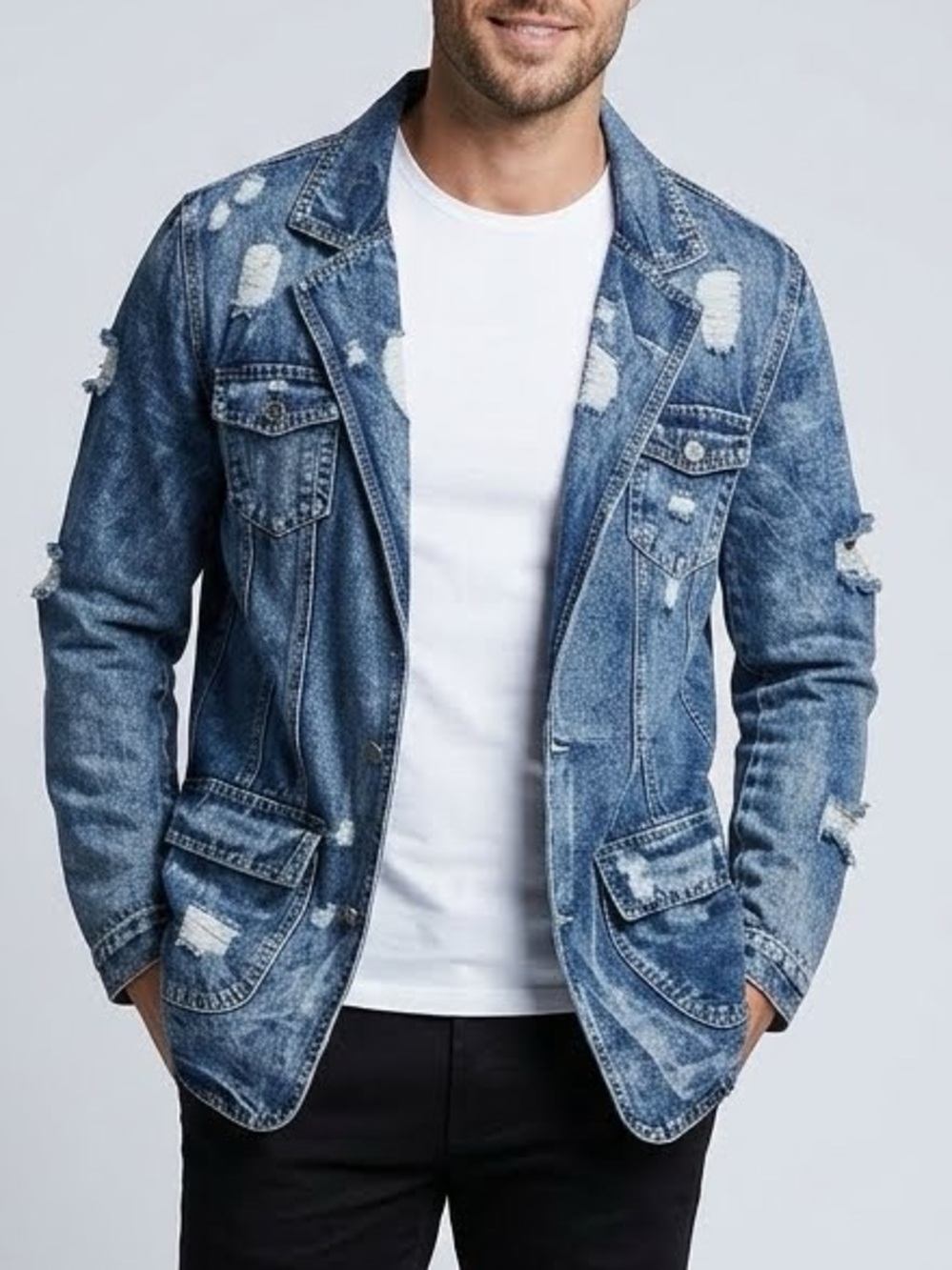 NWT Giovanco Men's Notched Lapel Two Button Ripped Denim Blazer Size Large